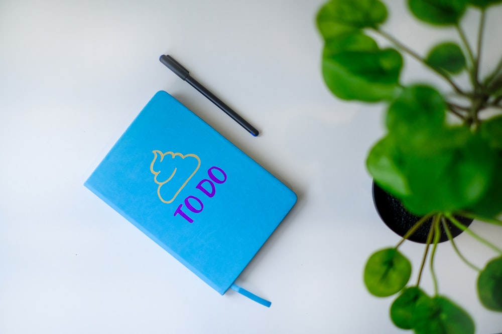 a blue notebook with the word pop written on it next to a potted plant