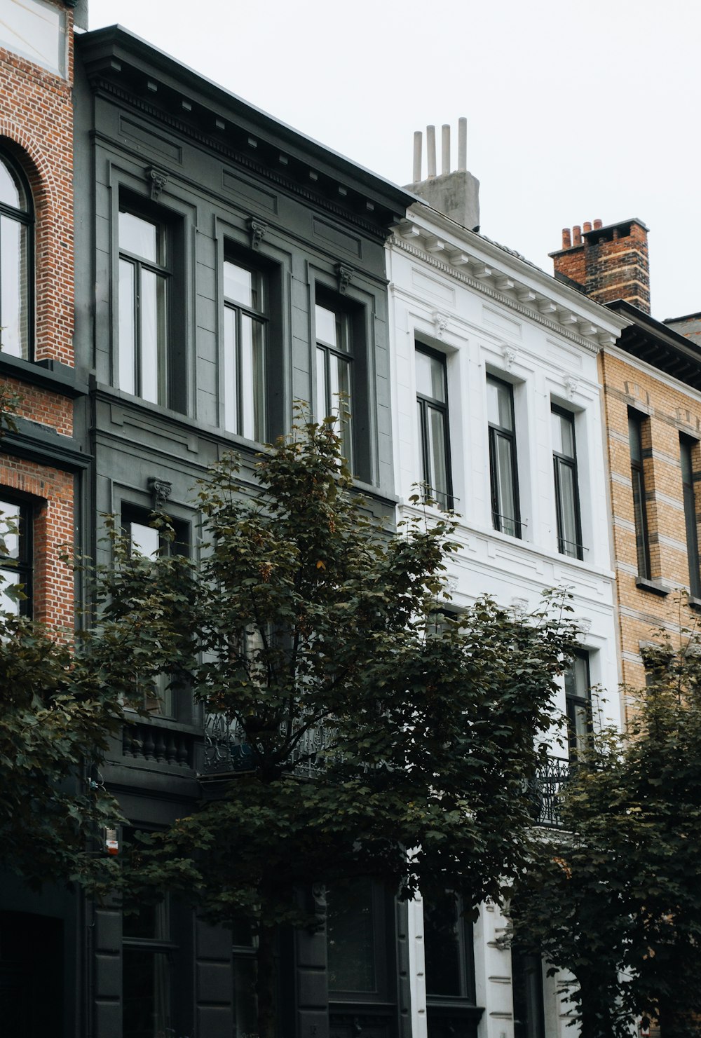 a row of buildings with a clock on the top of one of them