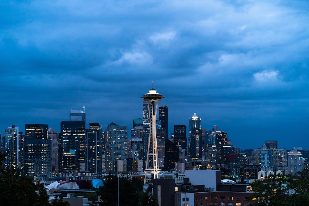 a view of the seattle skyline at night