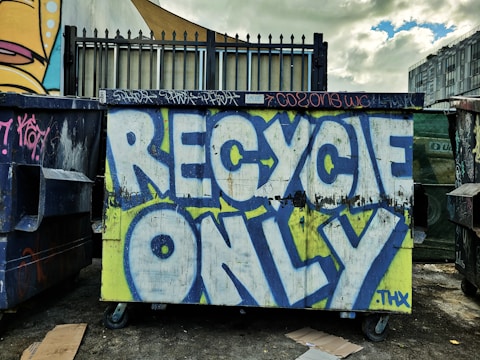a dumpster covered in graffiti next to a building