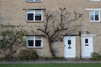 a brick building with two white doors and a tree in front of it