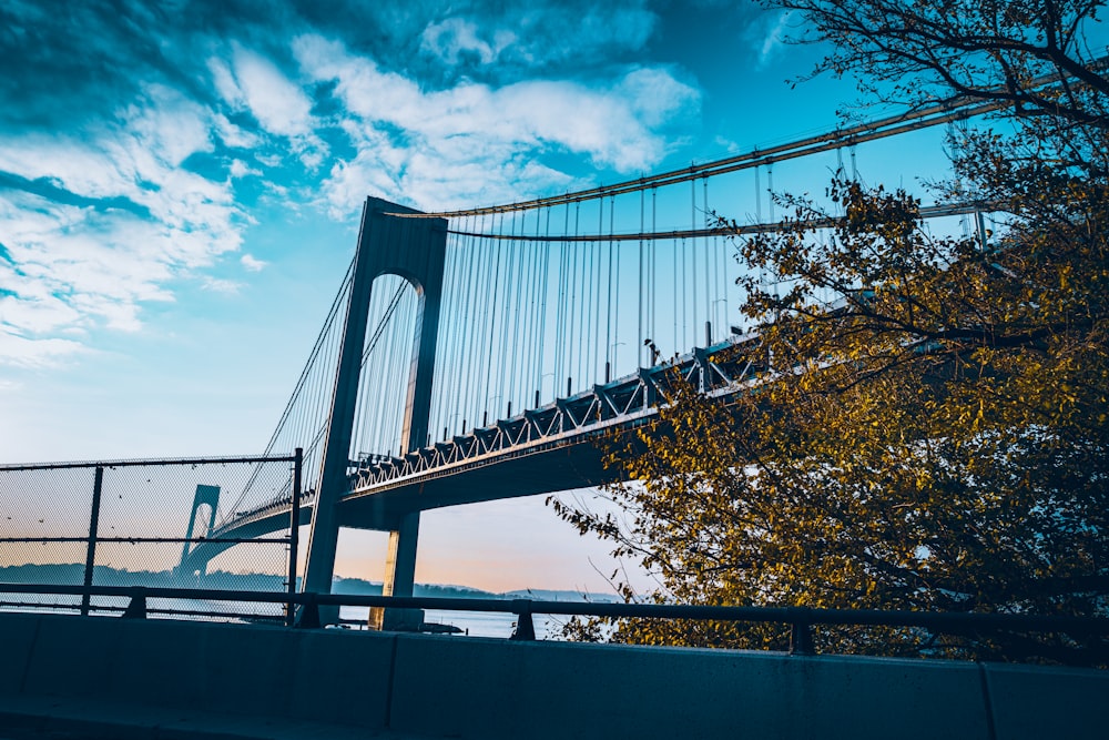 a view of a bridge with a blue sky in the background