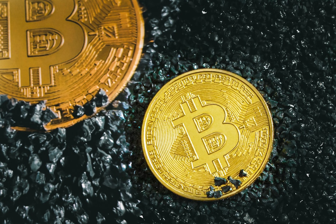 a bitcoin sitting next to a bitcoin on the ground, Two Bitcoins placed on black stones