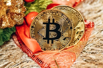 a bitcoin sitting on top of a red ribbon
