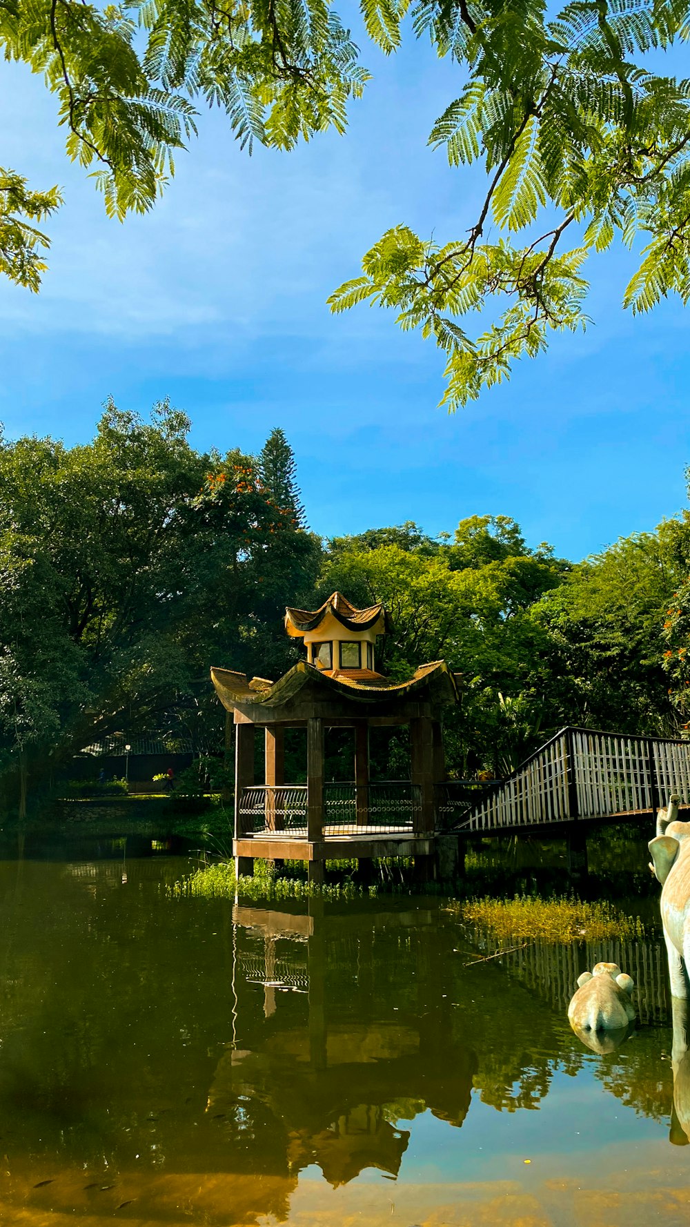 a cow is standing in the water near a gazebo