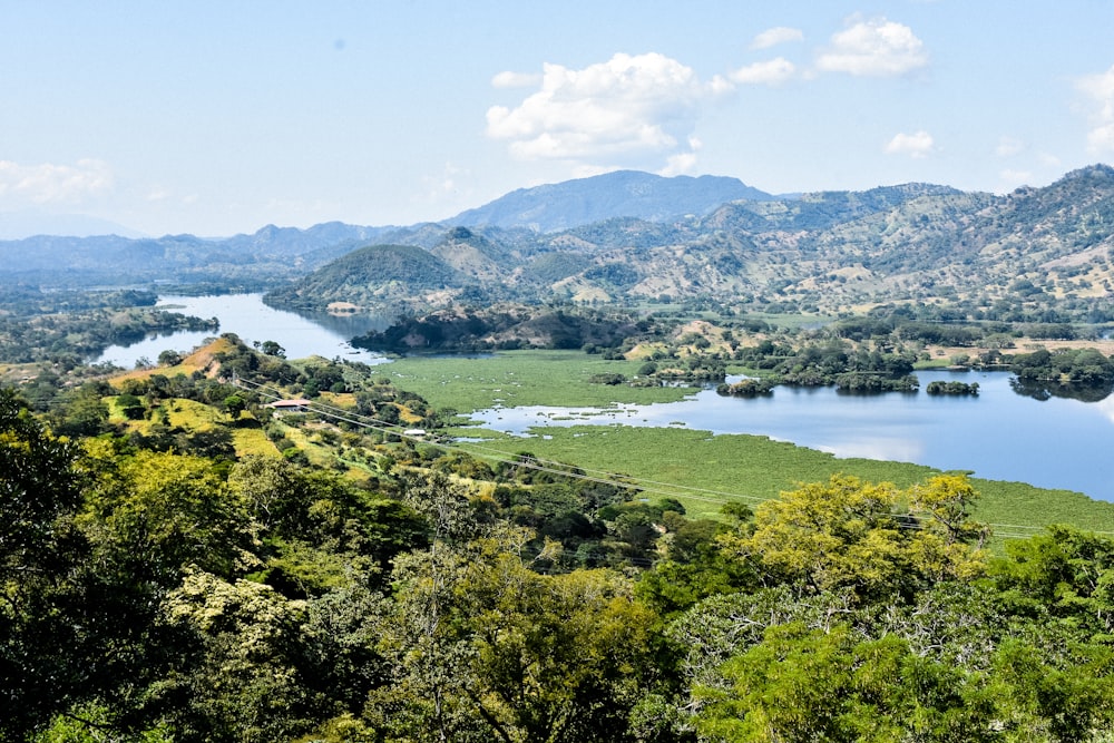 a lake surrounded by lush green trees and mountains