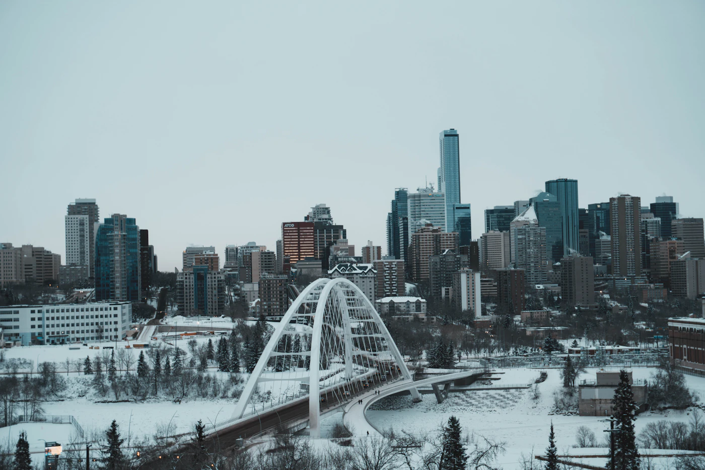 The Walterdale Bridge over the North Saskatchewan River with downtown Edmonton, Alberta rising behind it on a cold winter day