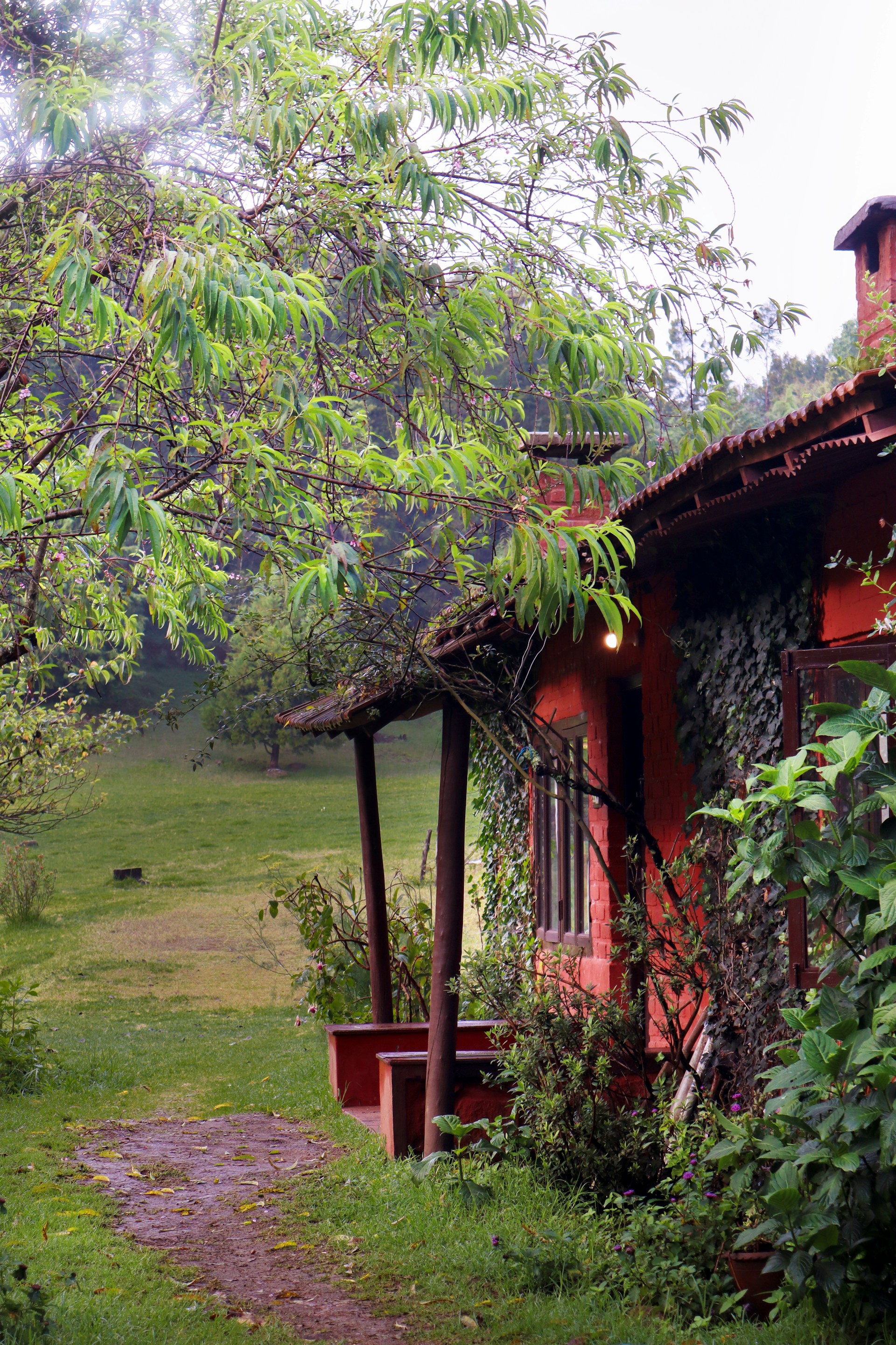 a red house sitting on top of a lush green field