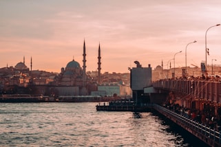 a large body of water with a city in the background