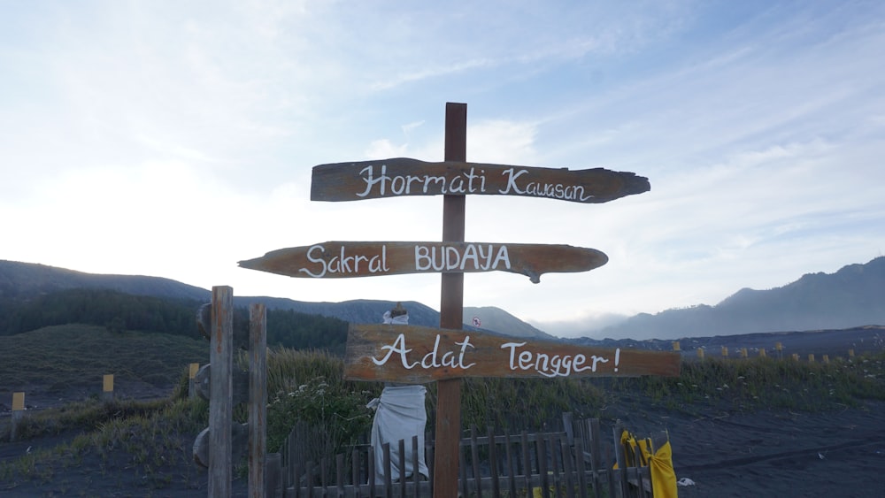 a wooden sign pointing in different directions