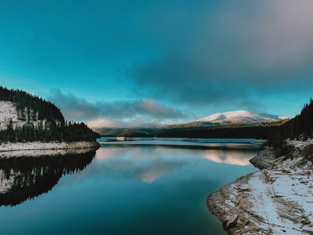 a body of water surrounded by snow covered mountains