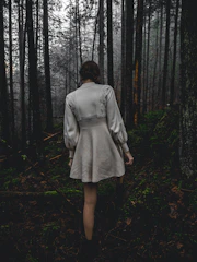 A giant alien woman in a shimmering dress walking through a foggy forest.