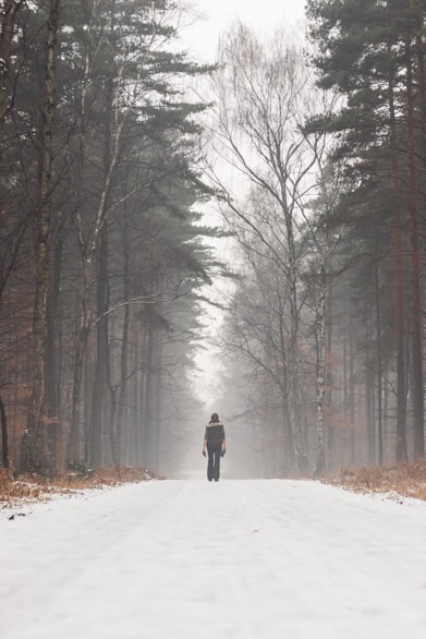 a person walking down a snow covered road