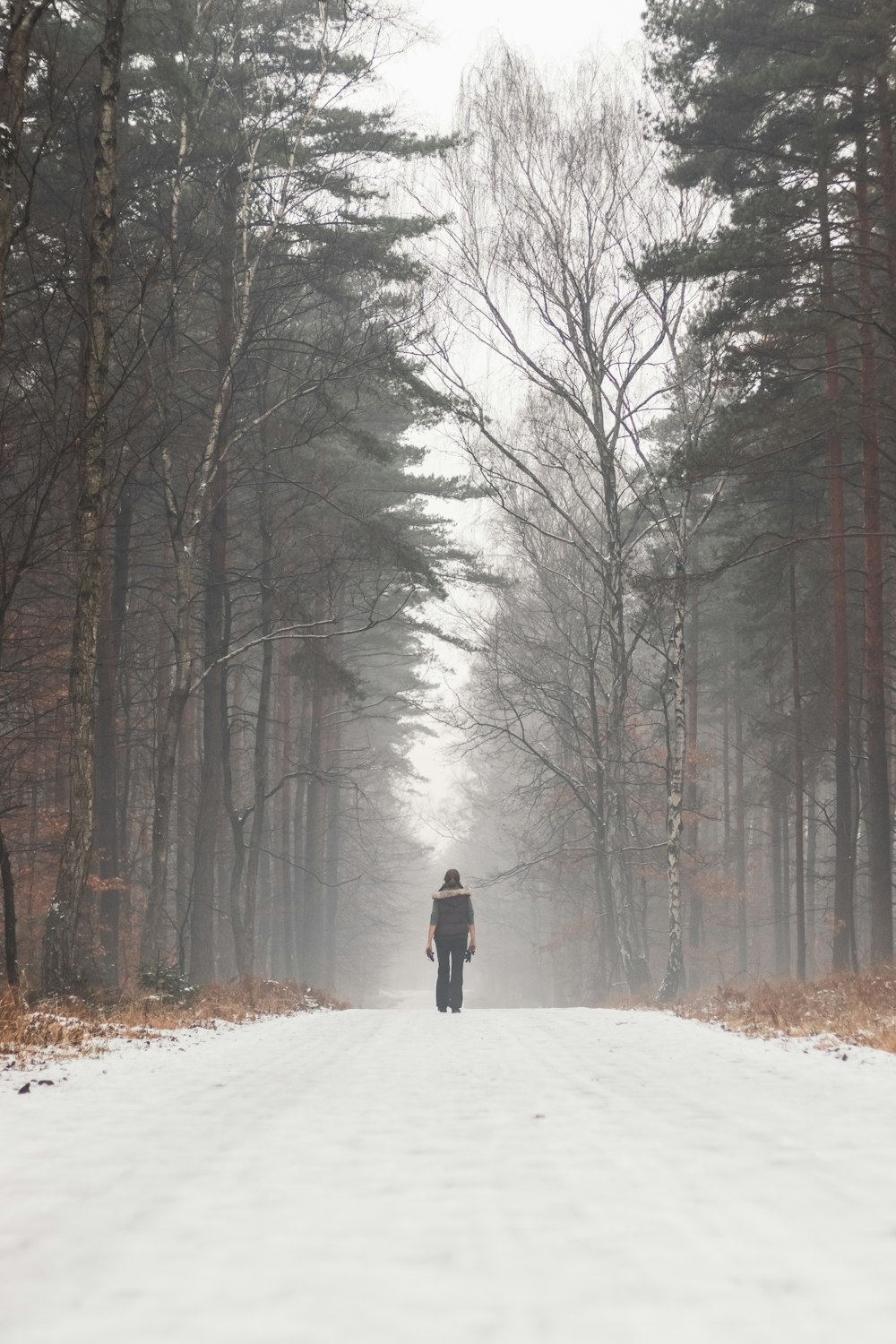 a person walking down a snow covered road