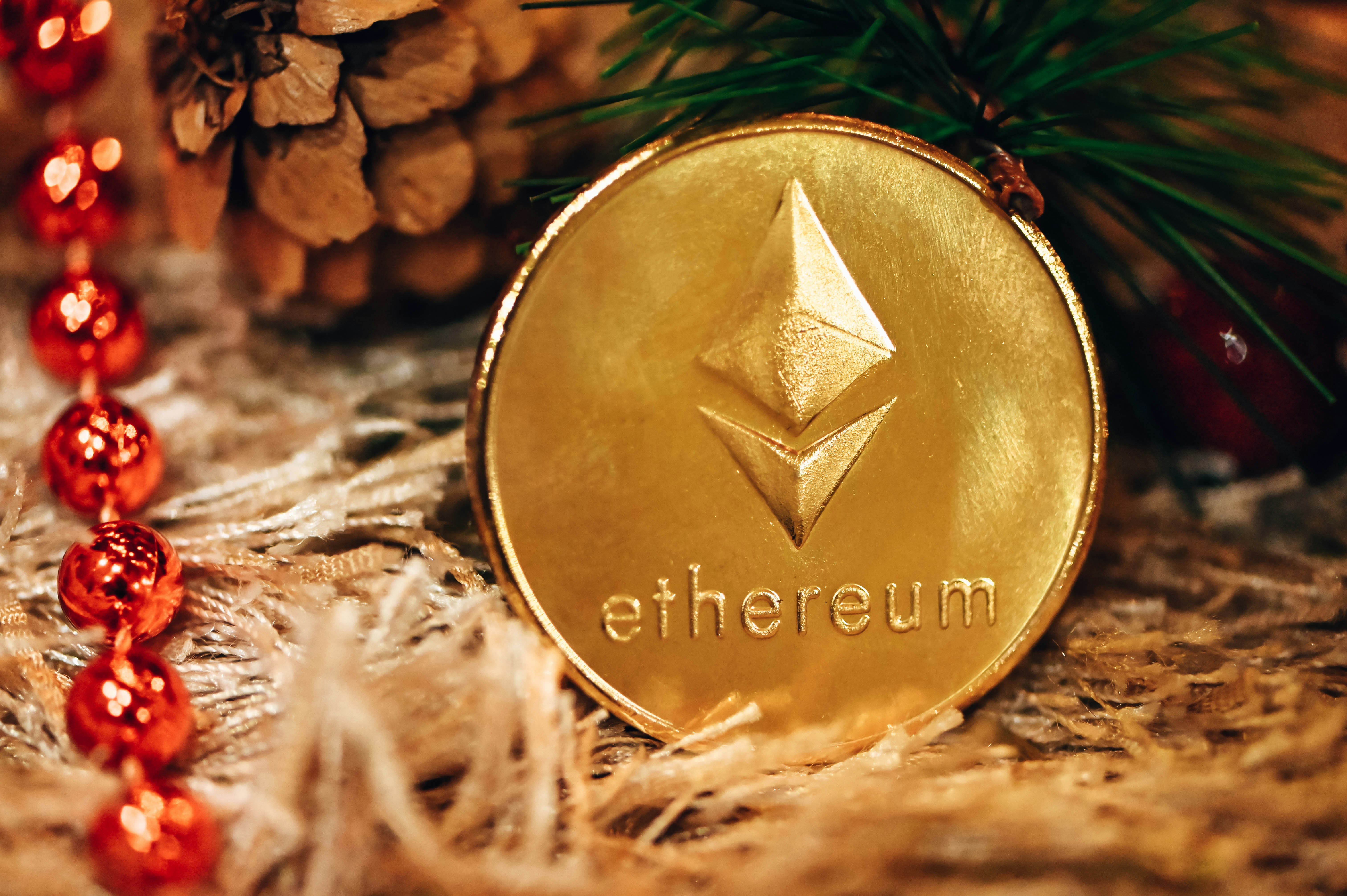 Close-up of Ethereum coin in front of a pine cone