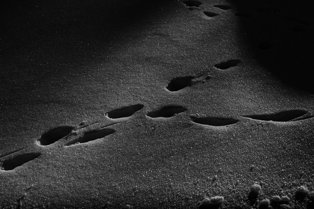 a black and white photo of footprints in the snow