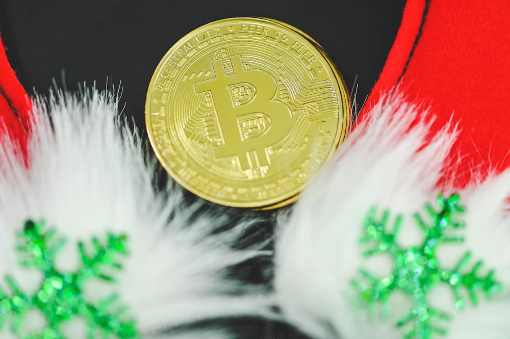 a bitcoin sitting on top of a pile of feathers