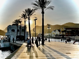 A waterfront promenade with tall palm trees casting long shadows in the golden light of a setting sun. Several people are walking or sitting, enjoying the calm and picturesque view. In the background, a white building with balconies and other buildings are visible against a backdrop of hills.