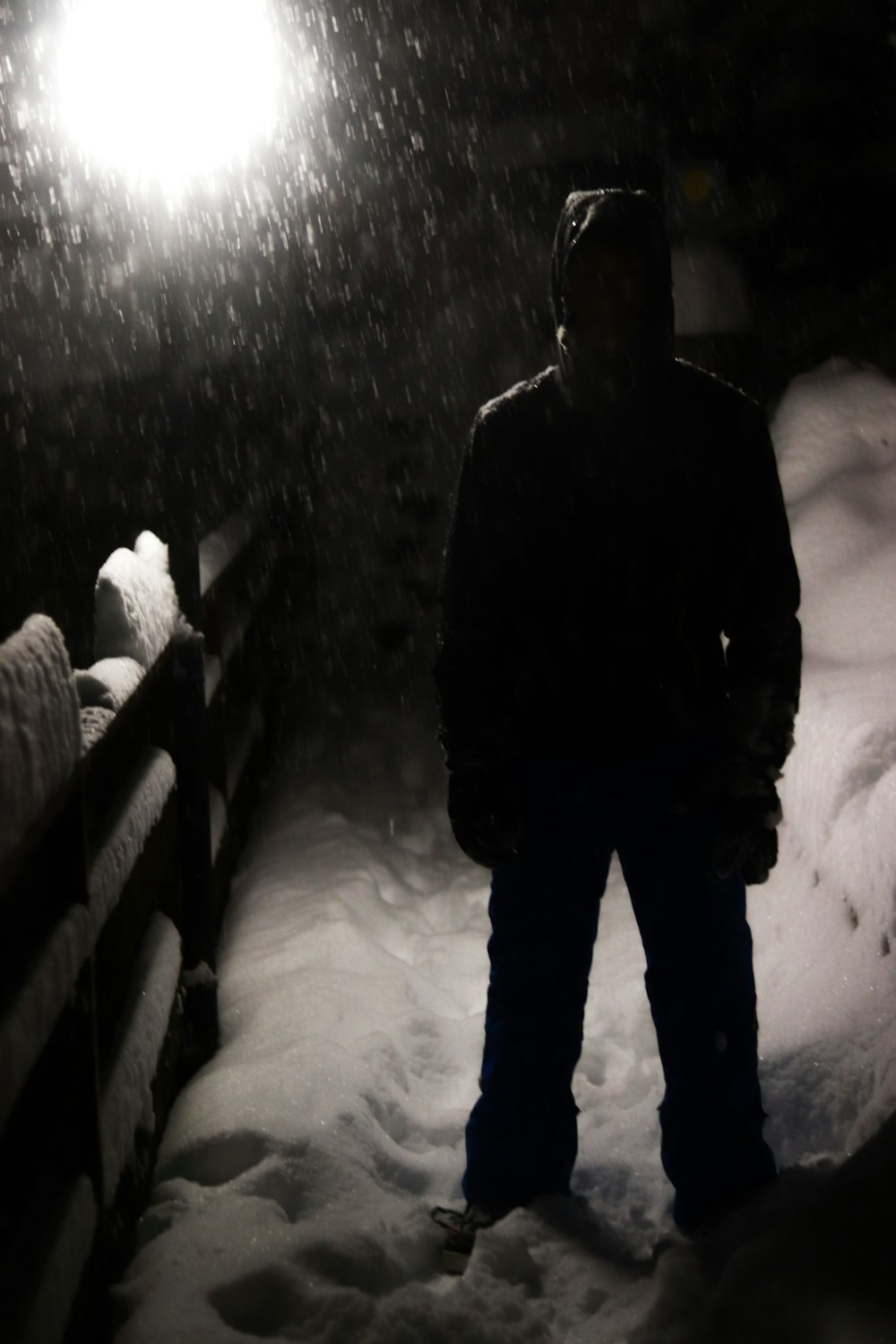 a person standing in the snow at night