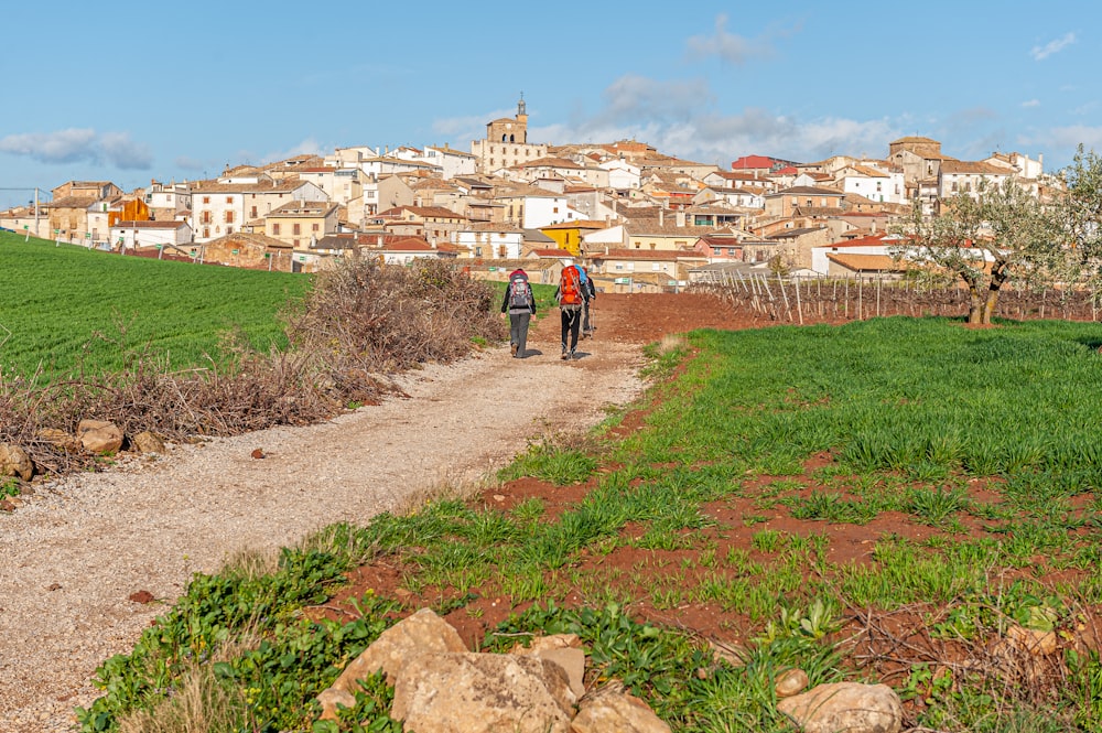 a couple of people walking down a dirt road