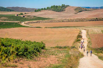 a group of people riding bikes down a dirt road