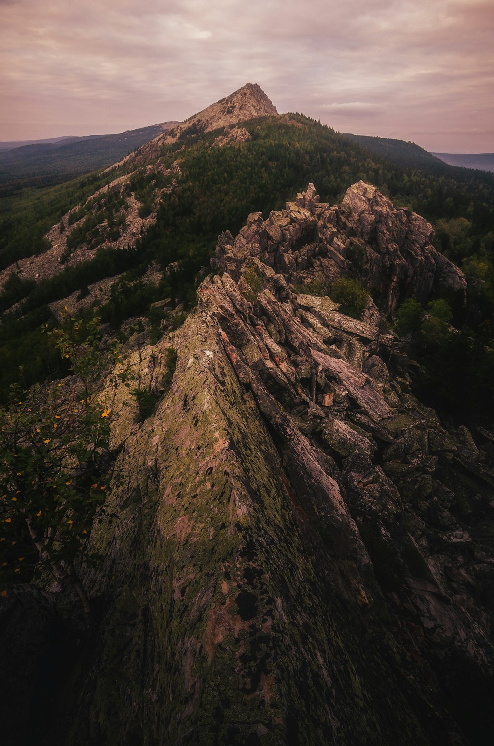 a large rock formation with a mountain in the background