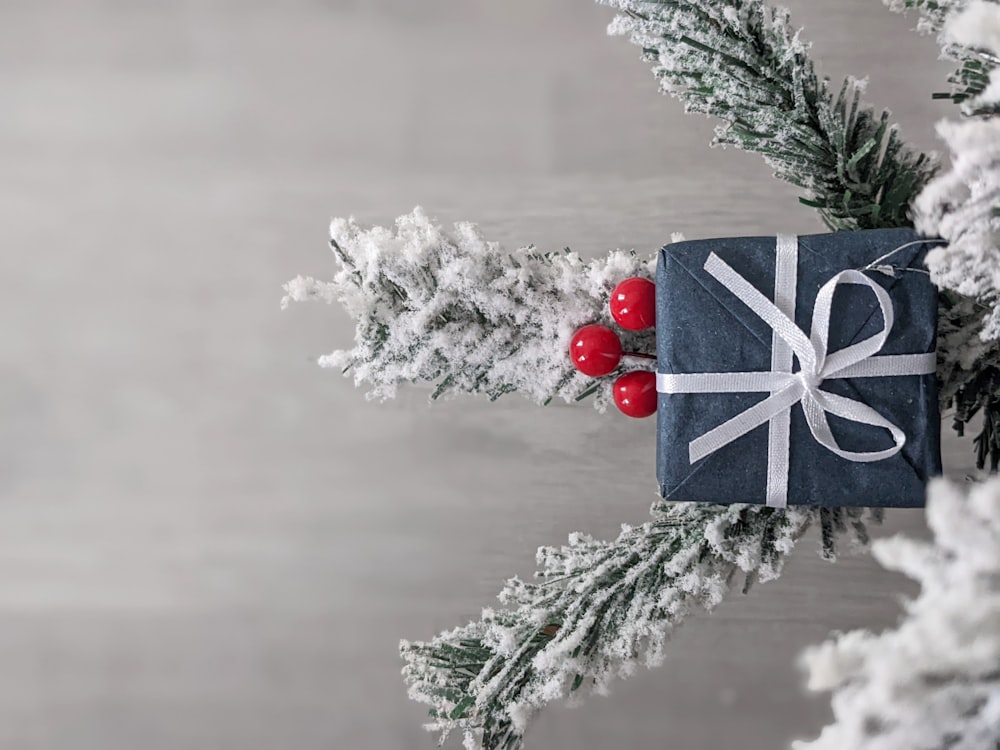 a wrapped present sitting on top of a tree