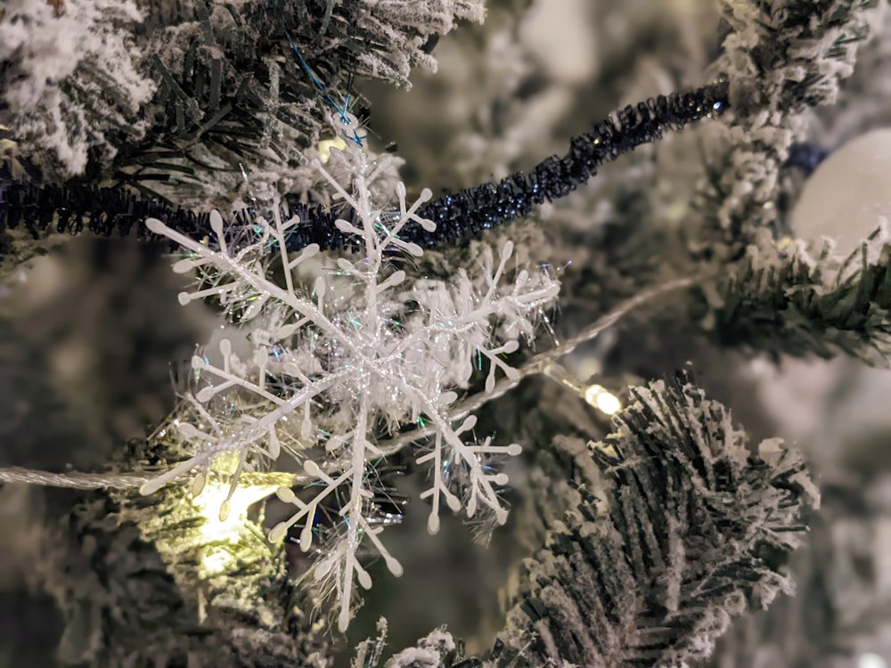 Gros plan d’un flocon de neige sur un arbre de Noël