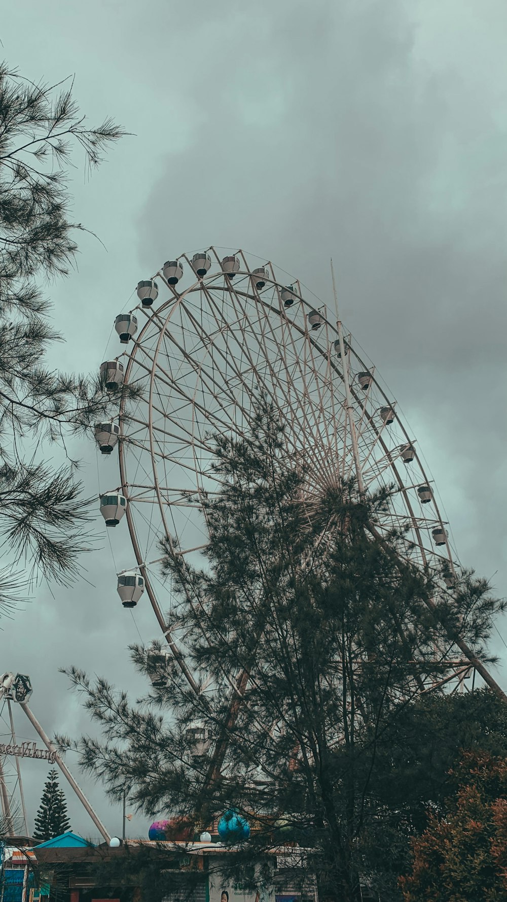 a large ferris wheel sitting next to a forest