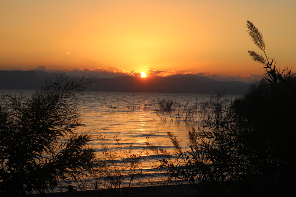 the sun is setting over a body of water