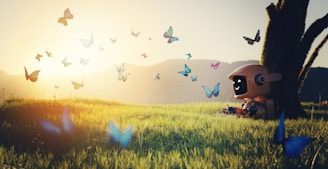 A serene landscape with a small robot sitting under a tree, surrounded by colorful butterflies. The sun sets in the background, casting a warm glow over green grass and distant hills.