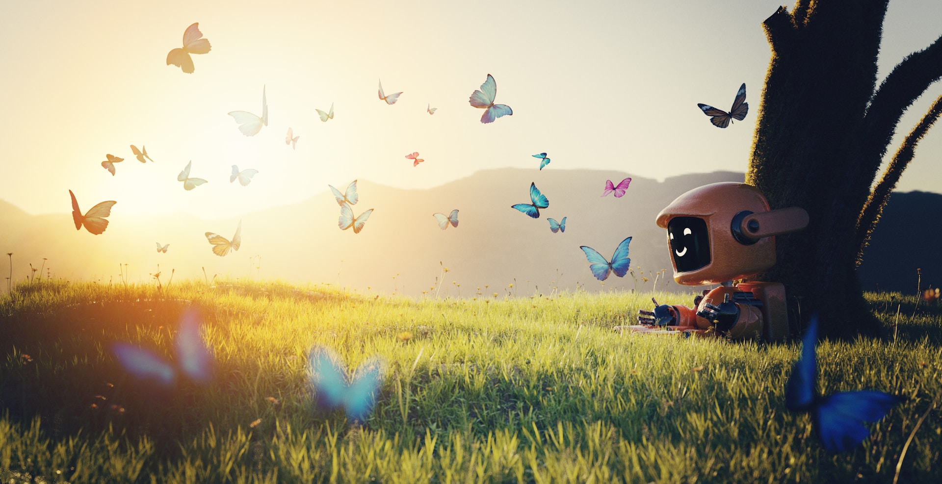 a cartoon character sitting under a tree surrounded by butterflies