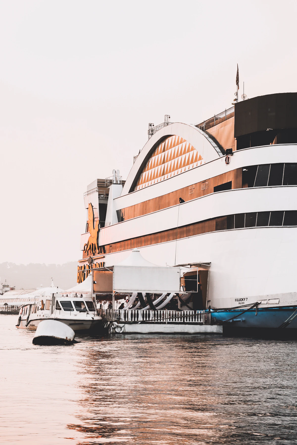 A floating casino vessel lit up on the Mandovi river at Panaji