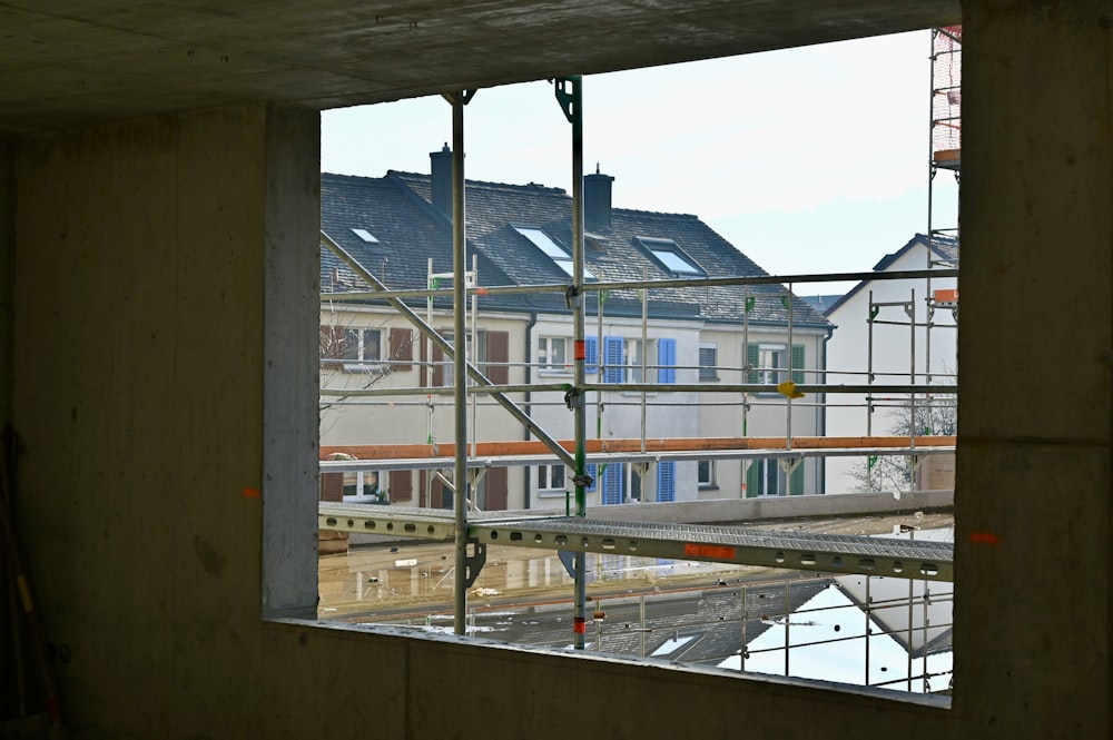 a view of a building through a window