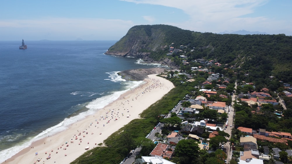 an aerial view of a beach and the ocean