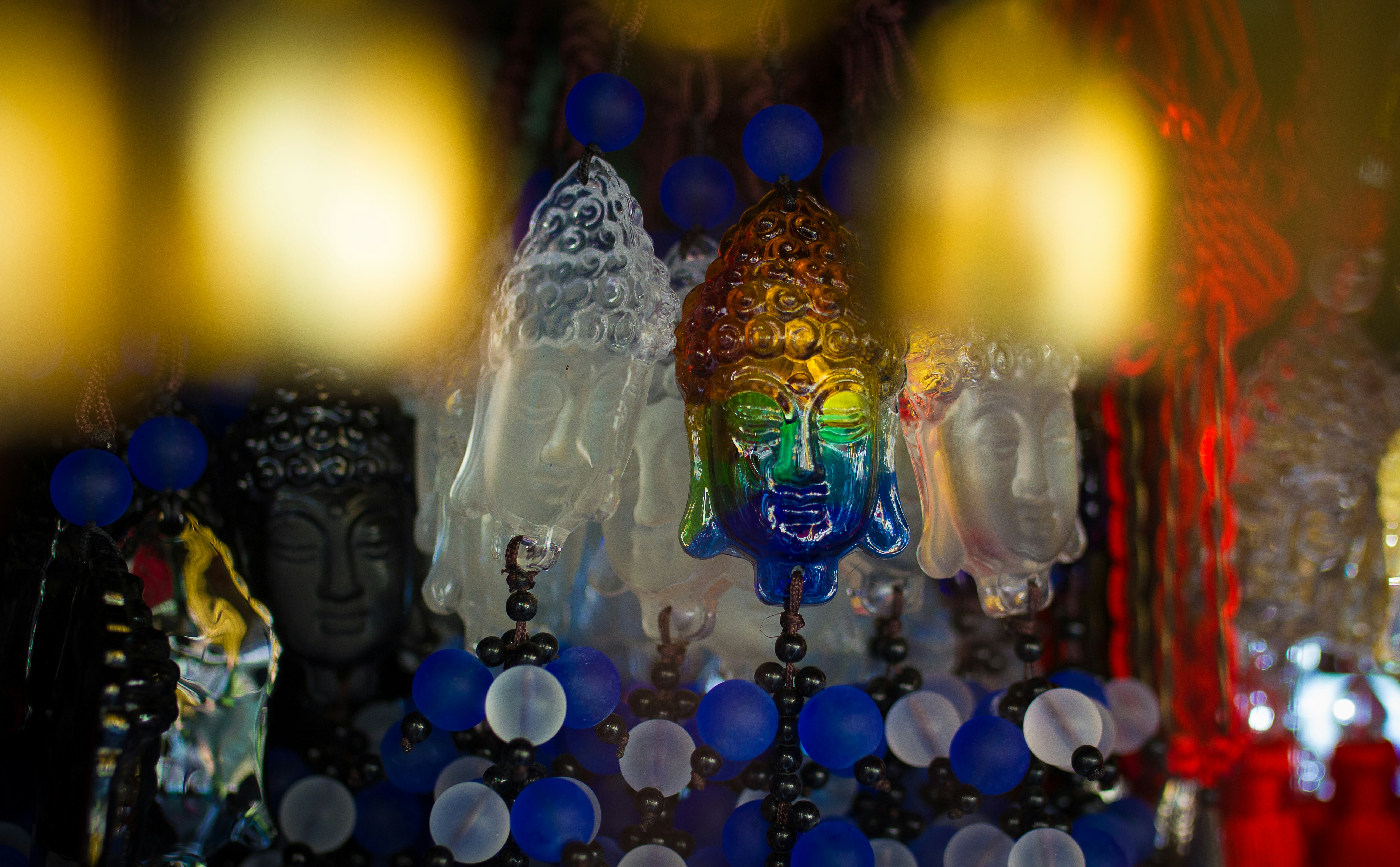 a group of glass figurines sitting on top of a table