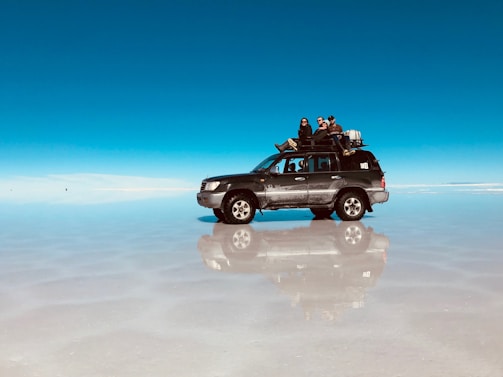 a truck with four people sitting on top of it