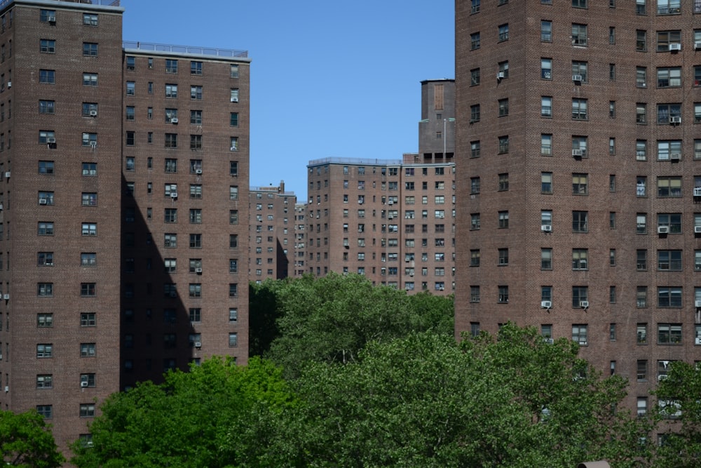 a group of tall brick buildings next to trees