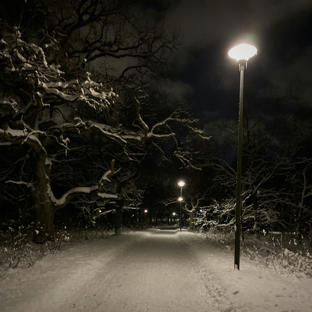 a street light on a snowy street at night