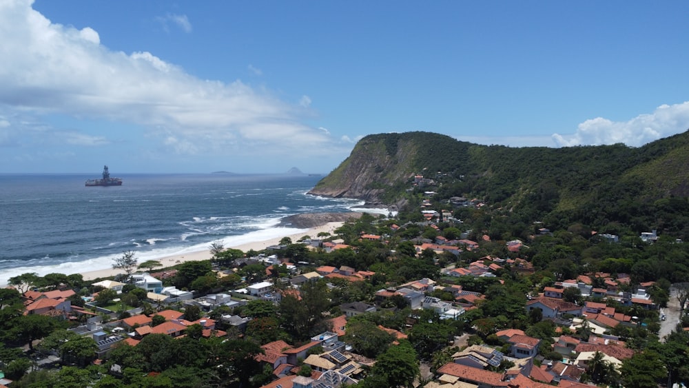 a view of a beach from a hill