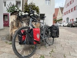 A bicycle equipped with large pannier bags is parked against a log planter filled with vibrant white and dark red flowers. The scene is set in an urban area with quaint houses in the background, some with red shutters and cars parked along the street.