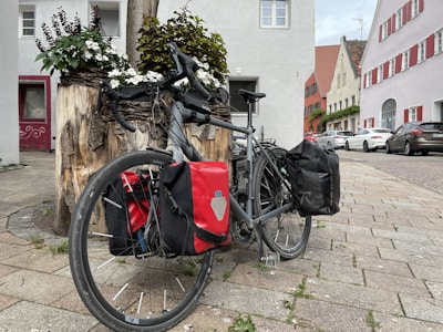 A bicycle equipped with large pannier bags is parked against a log planter filled with vibrant white and dark red flowers. The scene is set in an urban area with quaint houses in the background, some with red shutters and cars parked along the street.