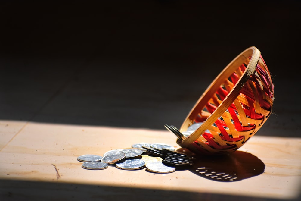 a basket full of coins sitting on a table