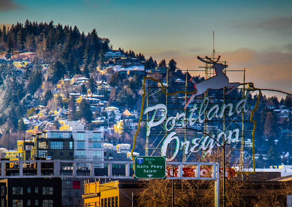 a city with a mountain in the background