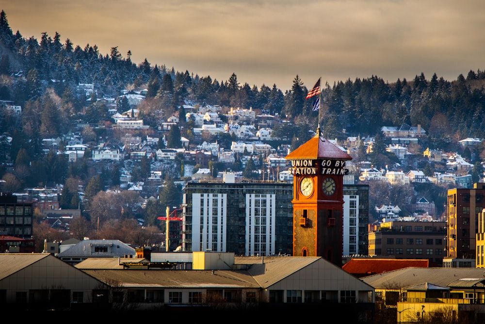 a clock tower in the middle of a city