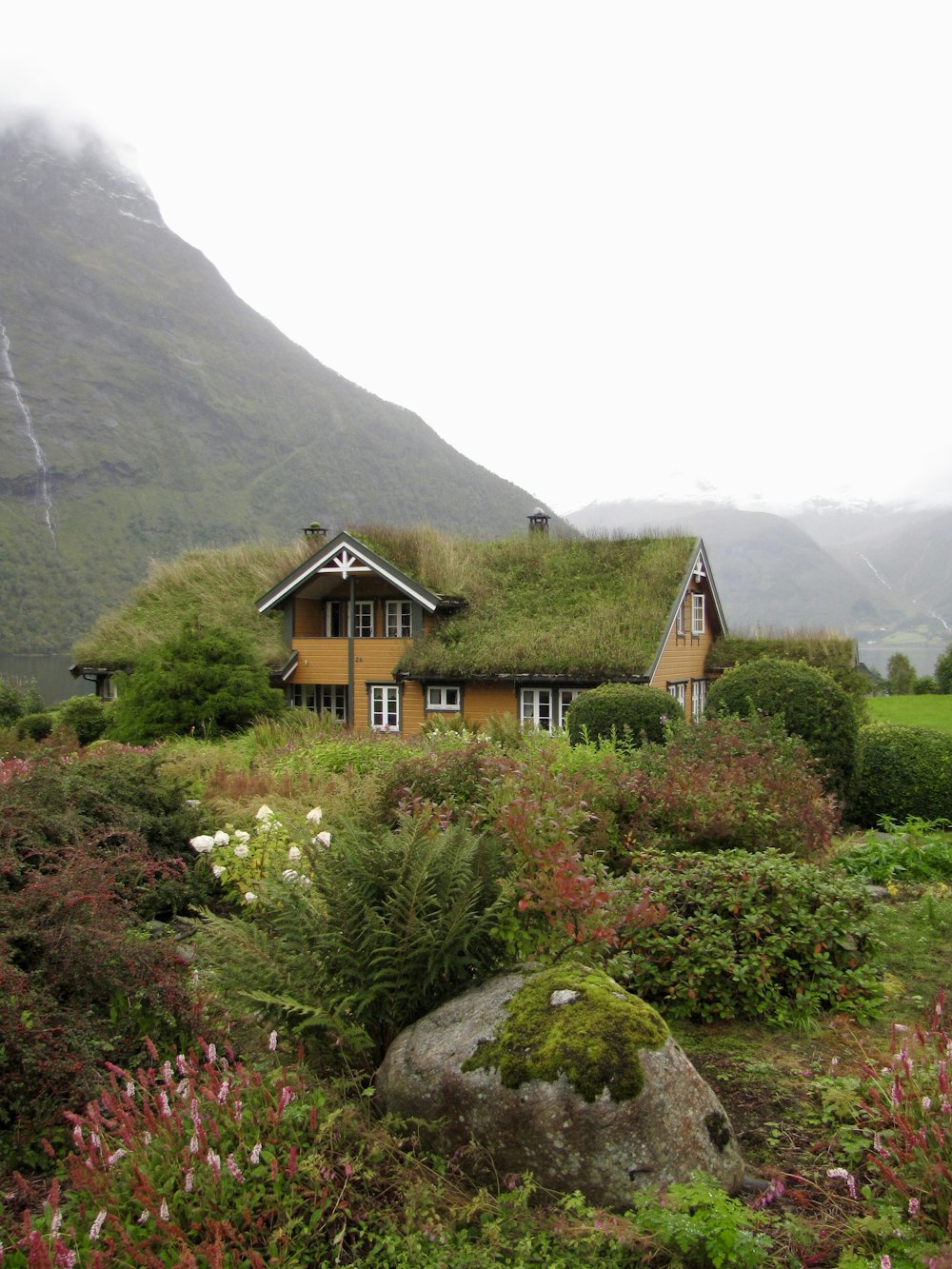 Una casa con un techo verde y un techo de hierba