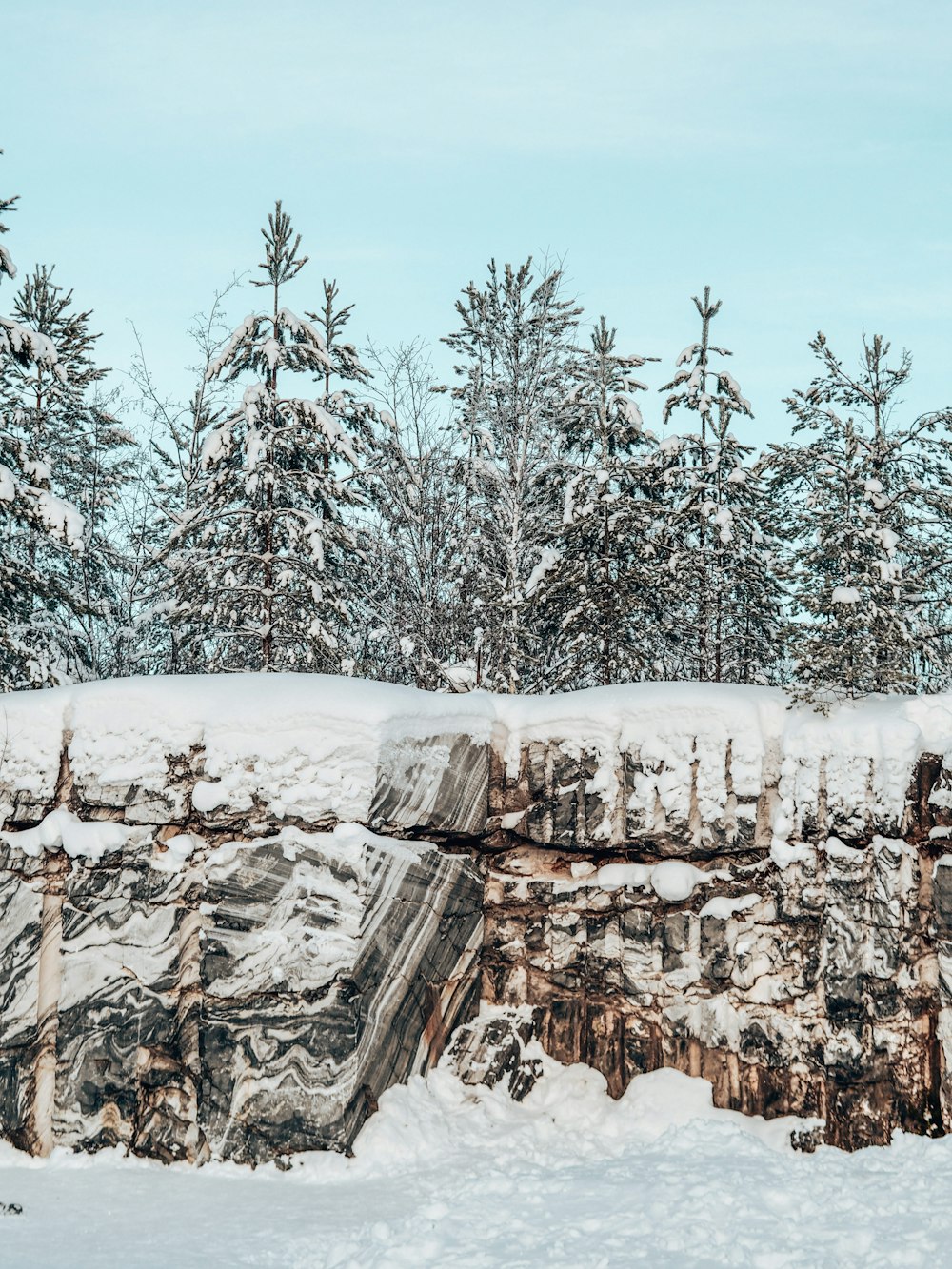 a snow covered rock wall with trees in the background