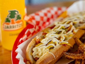 a close up of a hot dog with toppings