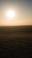 the sun is setting over a field of grass
