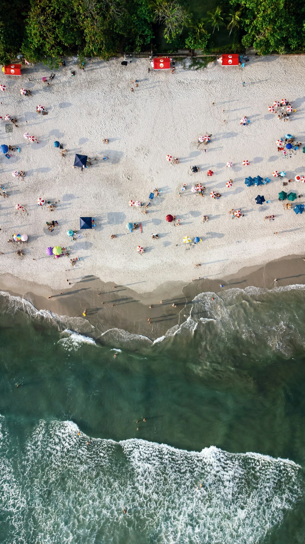 an aerial view of a beach with people and umbrellas